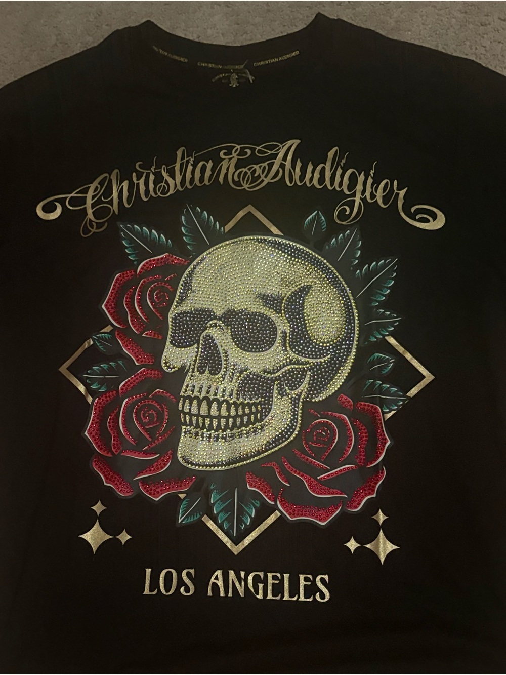 Christian Audigier Black Tee with Gold Skull and Red Roses⭐️NWT⭐️ - Picture 3 of 8